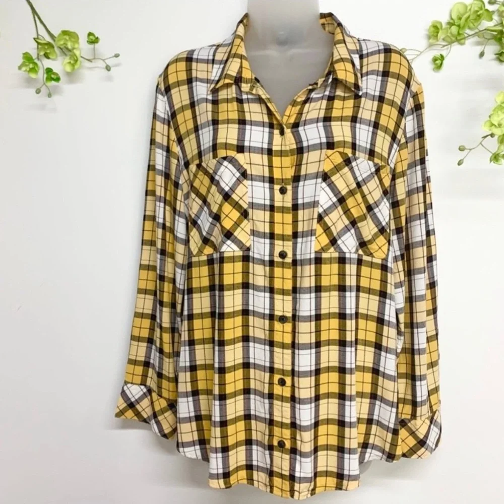 Sanctuary yellow and white plaid long sleeve button down shirt, worn once - Picture 2 of 7